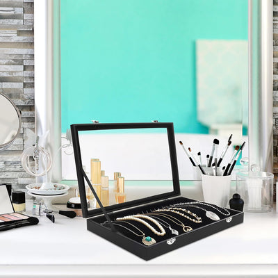 Kurtzy Jewelry Organizer Schmuckkasten Schwarz, Samt Box Glas Deckel Verschliessbar & 20 Haken (2Stk