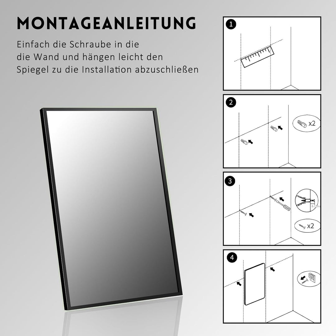 HY-RWML Wandspiegel, Schwarz Spiegel gross 60x80 cm Rechteckiger Edelstahl Splitterschutz und Kosmet