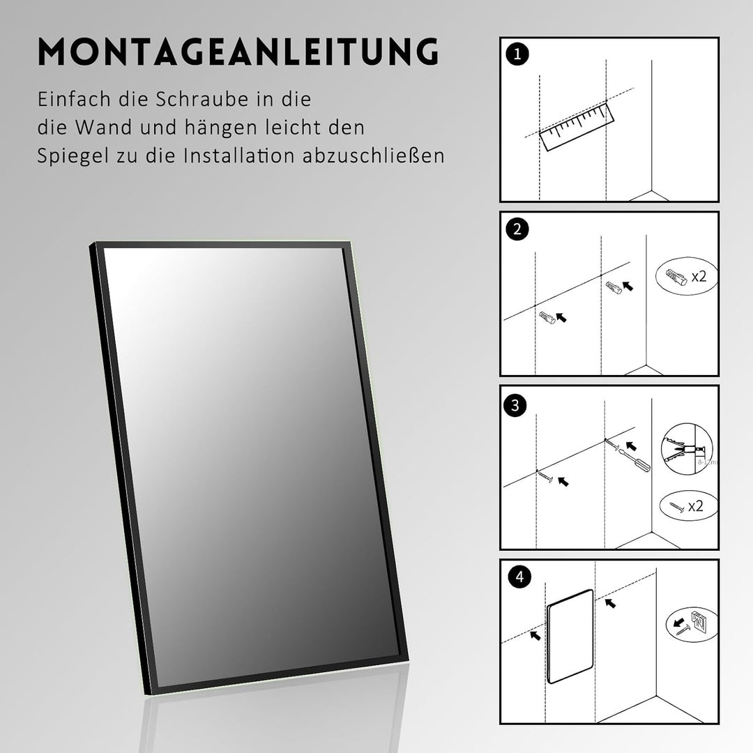 Spiegel Schwarz 40x60 cm Wandspiegel Rechteckiger Kosmetikspiegel Wandmontage Edelstahl für Badezimm
