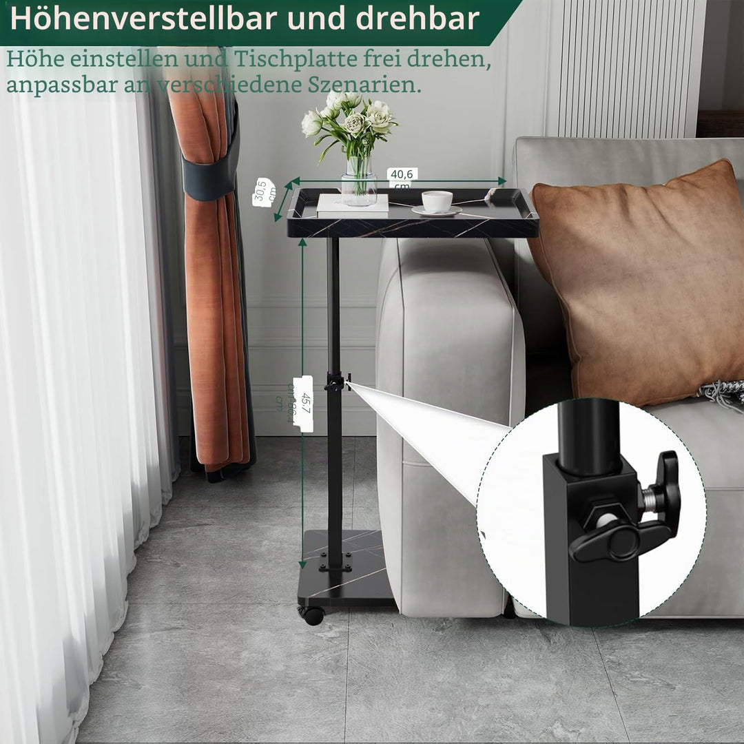 Beistelltisch mit Rollen, Beistelltisch Höhenverstellbar haben 360° Rotierend, C-Form Sofa tisch für