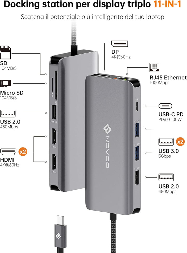 NOVOO Docking Station 4K@60Hz USB C Hub Triple Display Dual HDMI mit DisplayPort USB C Adapter Multi