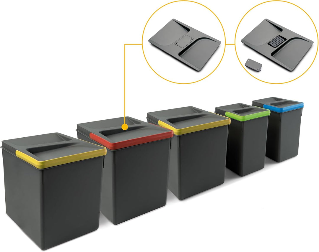 Emuca - Küchenschubladenbehälter mit geruchsdichtem Deckel, H 266 mm (3 x 15 L + 2 x7 L), Kunststoff