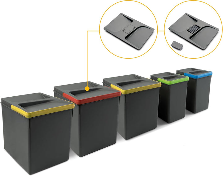 Emuca - Küchenschubladenbehälter mit geruchsdichtem Deckel, H 266 mm (3 x 15 L + 2 x7 L), Kunststoff