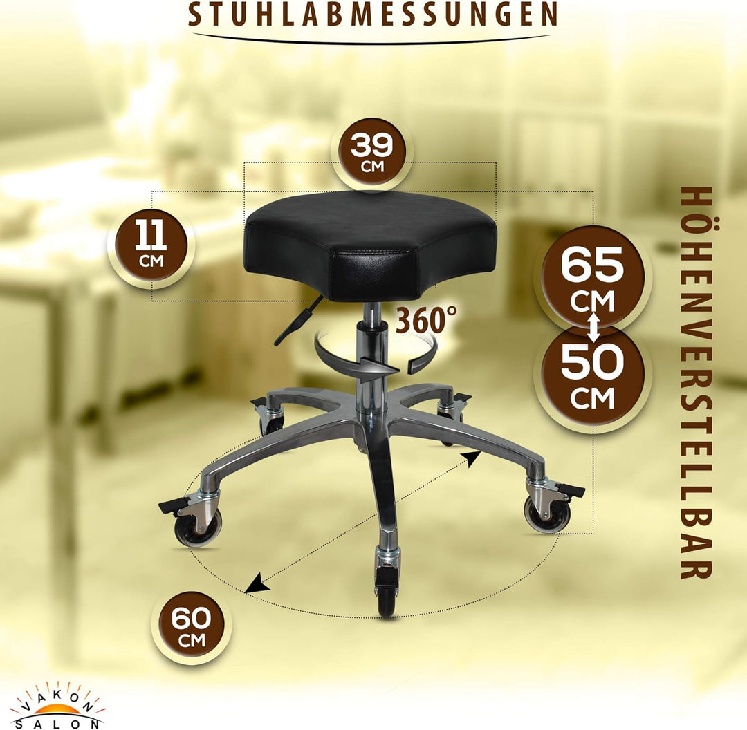 VAKON SALON - Ergonomischer Rollhocker - Premium Rollen mit Bremse - Höhenverstellbarer von 50-65 cm
