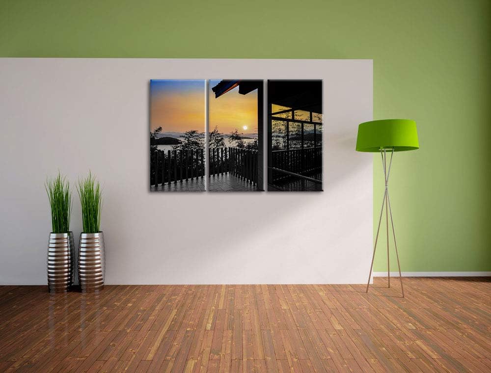 Aussicht auf Sonnenuntergang über See schwarz/weiss 3-Teiler Leinwandbild 120x80 Bild auf Leinwand,