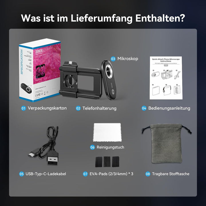 200x Handy-Mikroskop linse mit CPL,Handy-Mikroskoplinse mit LED UV-Licht/Universal-Clip, praktisches