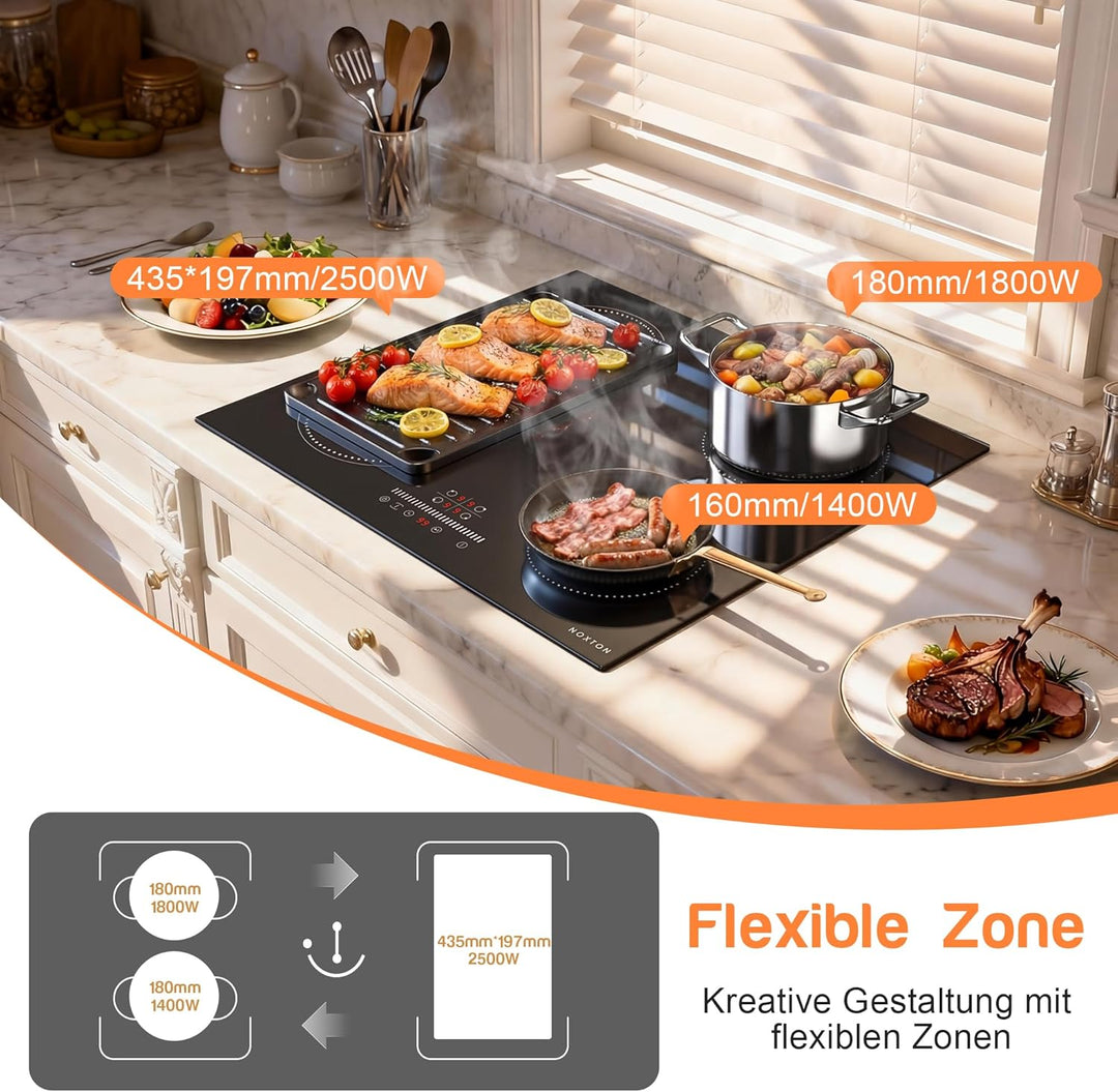 NOXTON Induktionskochfeld Einbau, Kochfeld Induktion 3500w - Flexzonen 4-Zonen, 3500w - Flexzonen 4-