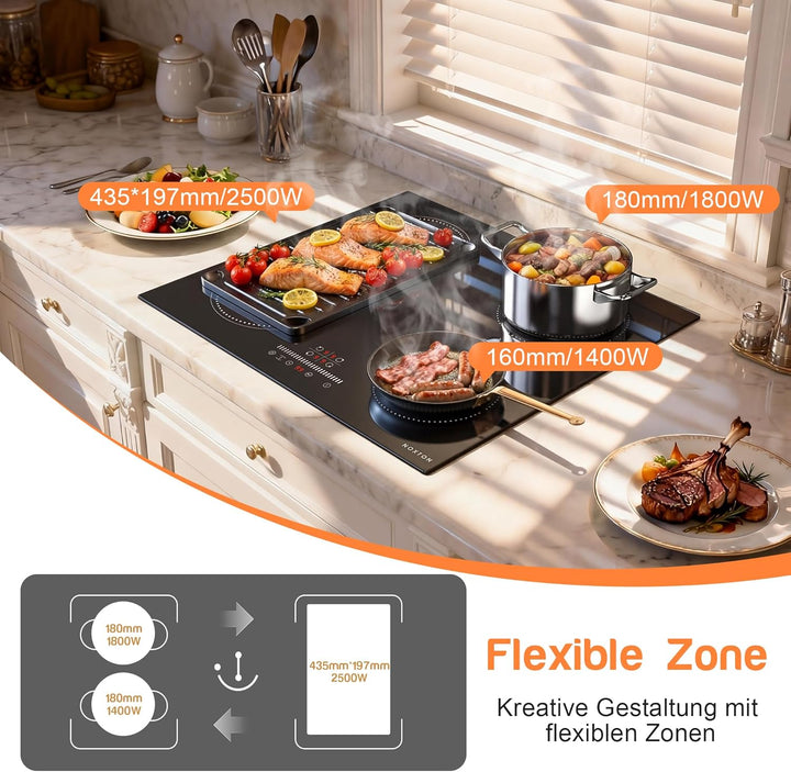 NOXTON Induktionskochfeld Einbau, Kochfeld Induktion 3500w - Flexzonen 4-Zonen, 3500w - Flexzonen 4-