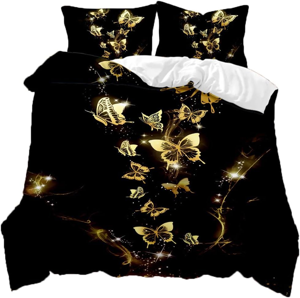 EHAOKK Goldener Schmetterling bettbezug,Blauer,Lila,Buntes Fantasie Schmetterling bettbezug,3D Schme