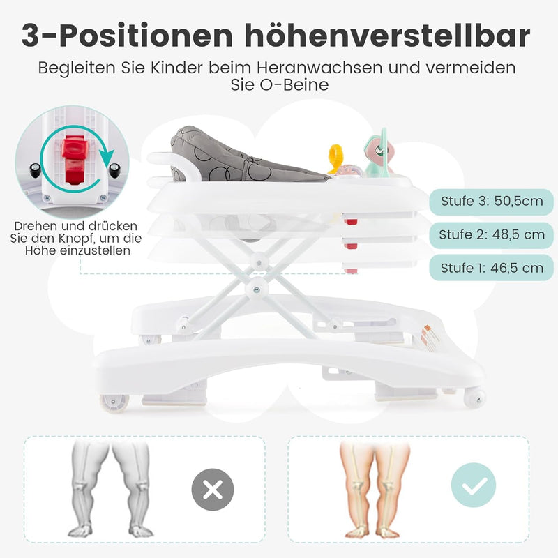 DREAMADE Baby Walker, Klappbare Lauflernhilfe mit 3 Verstellbaren Höhen, Abnehmbarer Spielplatte & S