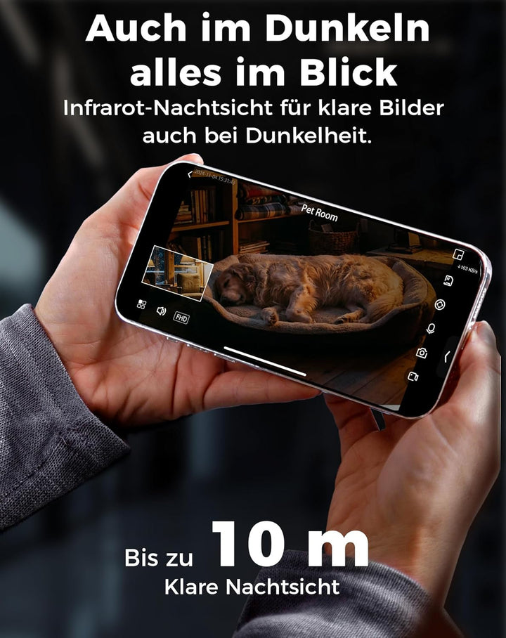 VIRTAVO WLAN Dual Kamera Überwachung Innen, 2 Ansichten Gleichzeitig, Ohne ABO, Smart Tracking, Rund