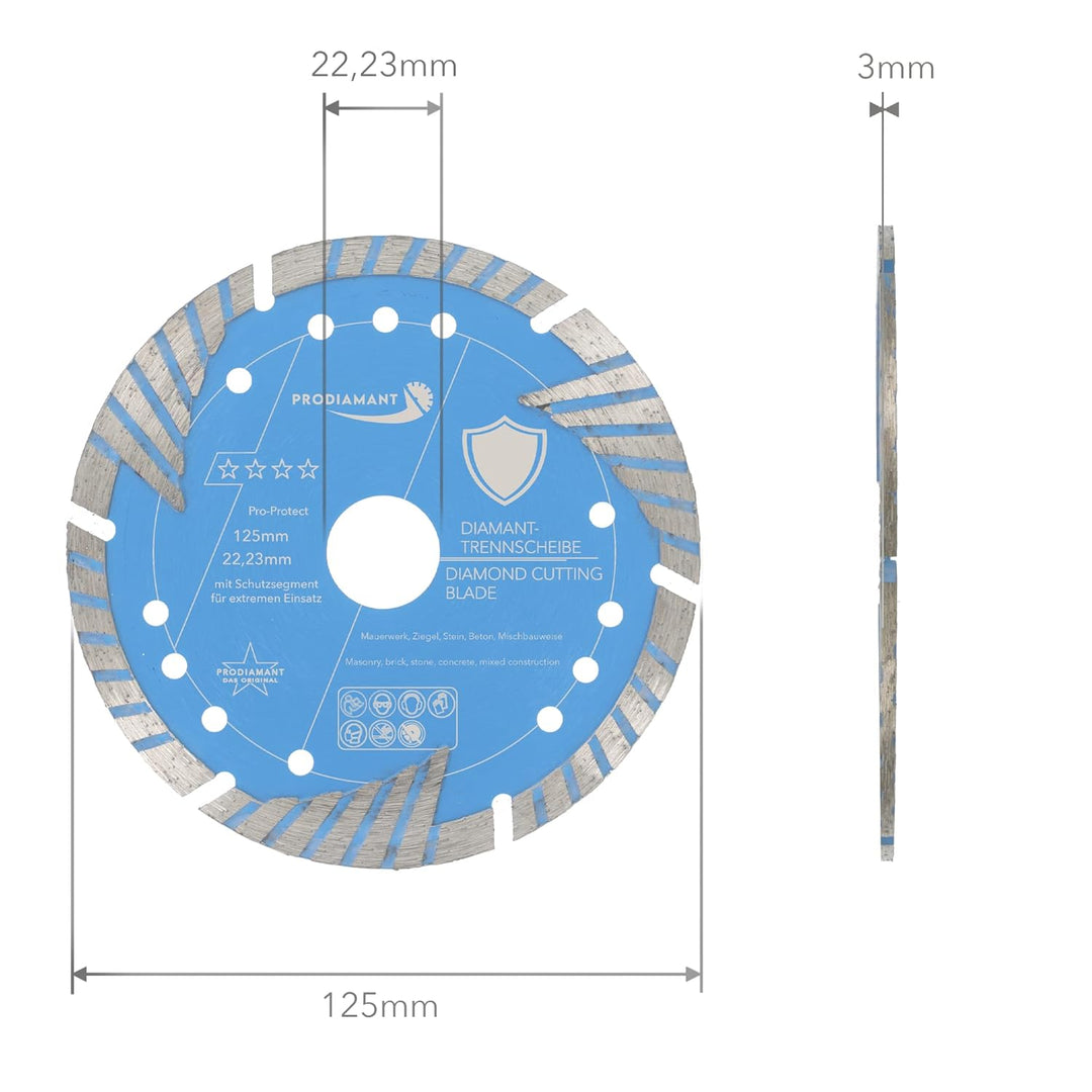 PRODIAMANT Diamant-Trennscheibe Pro Protect 125 mm x 22,2 mm mit Schutzsegmenten für Mauerwerk Beton