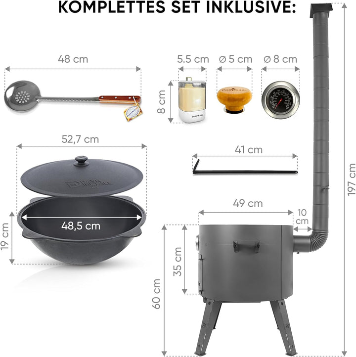 Utschak Feuerofen Ø 49 cm & Gusseisen-Kasan 22 L | Kazan-Set mit Deckel | Usbekischer Kochtopf für G