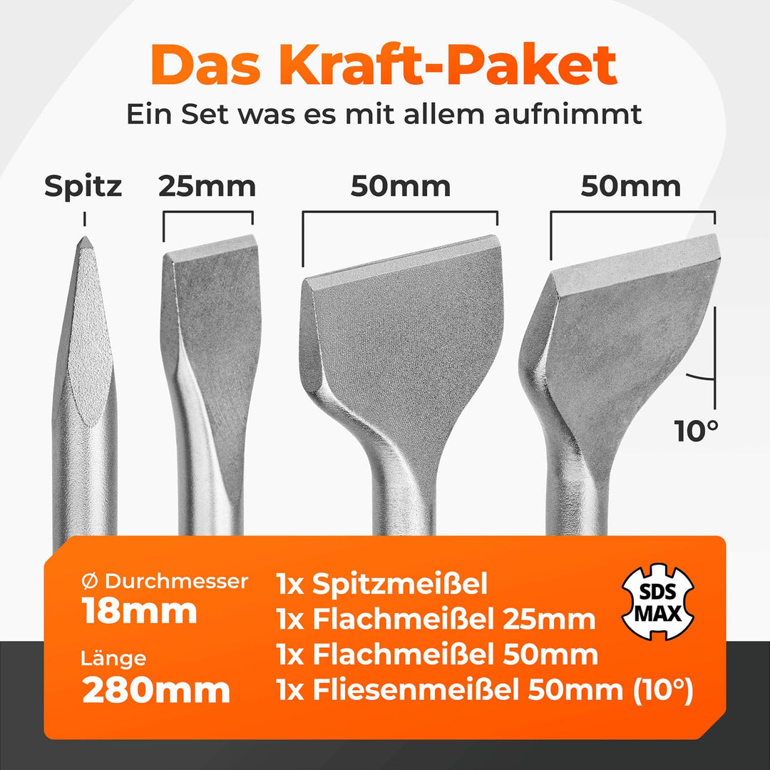 BAUBECK Meissel Set für Beton & Mauerwerk - SDS Max - LONG LIFE [4tlg] - 280mm lang, angewinkelt und