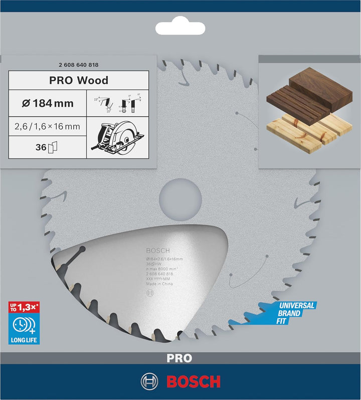 Bosch Professional Kreissägeblatt Optiline Wood (für Holz, 184 x 16 x 2,6 mm, 36 Zähne, Zubehör Krei
