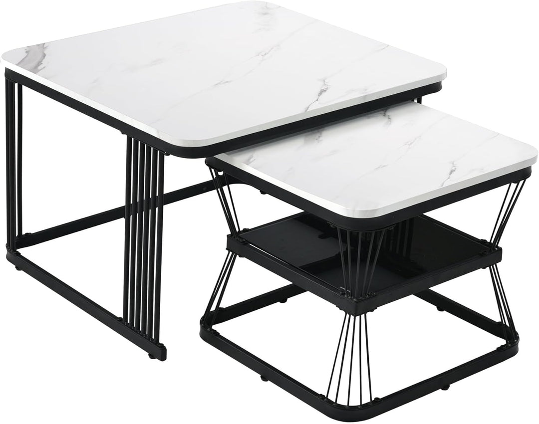 Merax Quadratisch Couchtisch 2er Set, Moderne Wohnzimmertisch mit Marmoroptik, Hochglänzend Satztisc