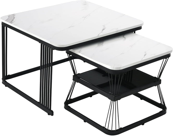 Merax Quadratisch Couchtisch 2er Set, Moderne Wohnzimmertisch mit Marmoroptik, Hochglänzend Satztisc