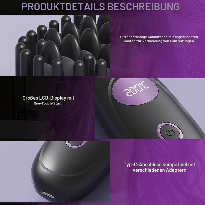 Mini Glätteisen, Glättbürste Kabellos, 2026 Neu Haarglätter Bürste, 3 Temperaturstufen Styling Werkz