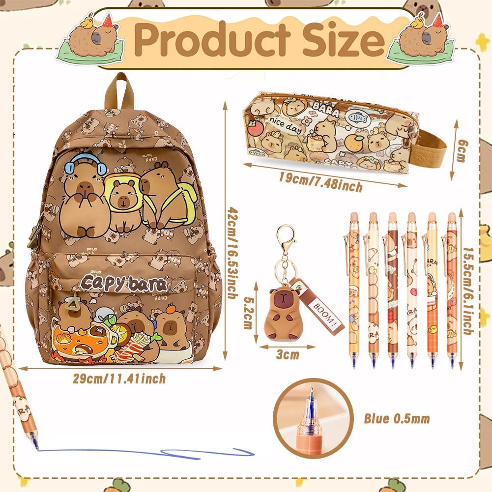 OPVXZAD Capybara Rucksack Set, Schulrucksack Grosse Kapazität mit Capybara Federmäppchen, Stiften &