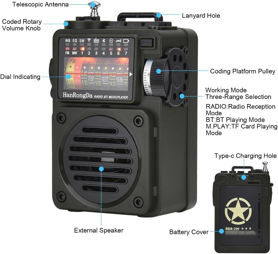 DollaTek HRD-700 Taschen Retro Mini Radio mit 10 Bändern Bluetooth Digitaler wiederaufladbarer Musik