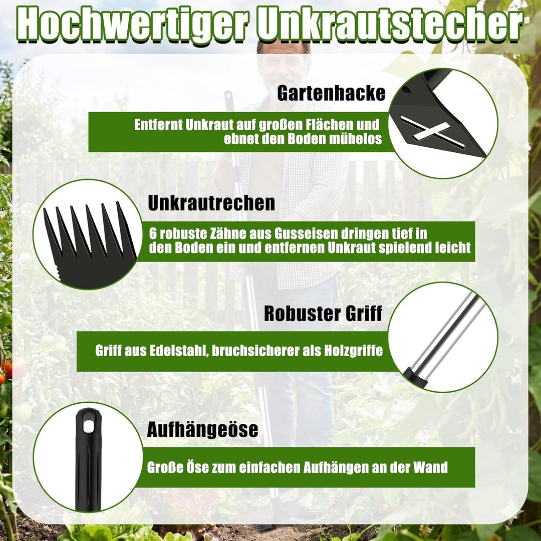 YL Unkrautstecher mit Länge Stiel 1.47 m, 2 in 1 Manuell Gartenhacke 6 Zinken & Flachhacke, Unkrautj