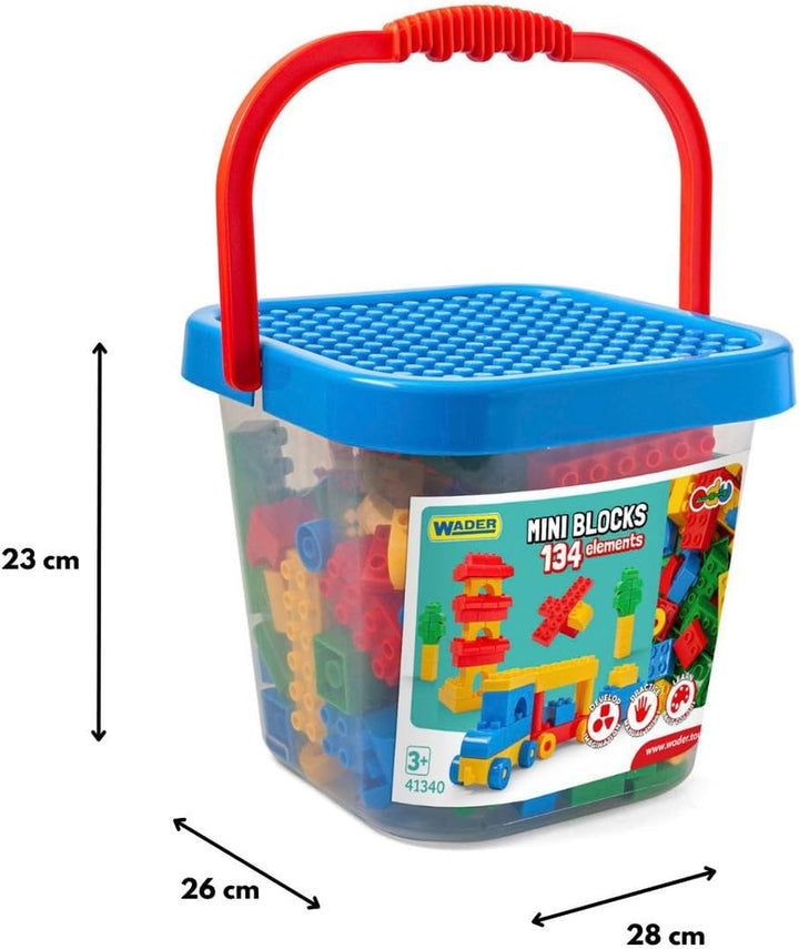Wader 41340 - Mini Blocks Bausteine im grossen Eimer, 134 Bausteinen und Spieldeckel, für Kinder ab