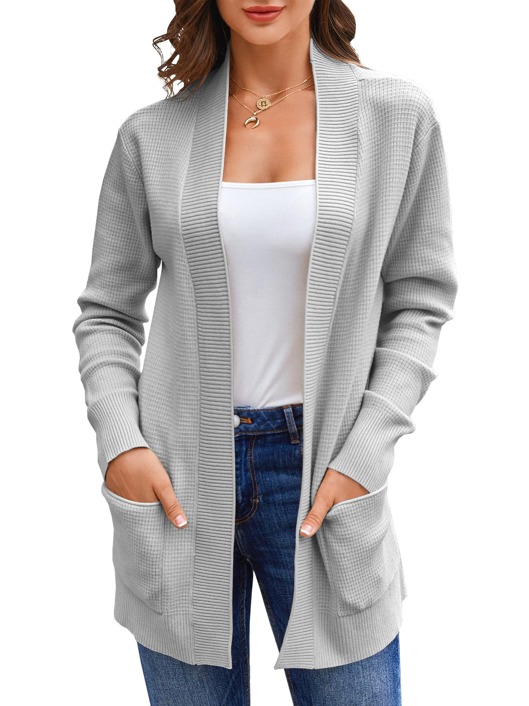 Runcati Damen Lange Strickjacke Classic Elegant Open Front Strick Cardigan Langarm Taschen Pullover