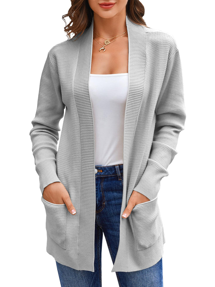 Runcati Damen Lange Strickjacke Classic Elegant Open Front Strick Cardigan Langarm Taschen Pullover