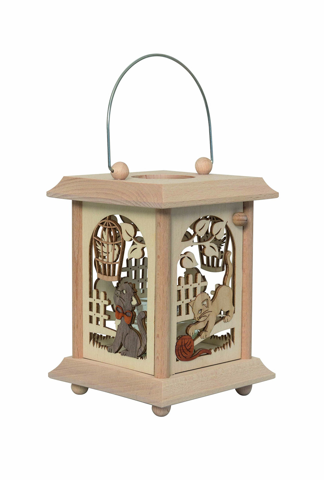 Drechslerei Kuhnert Tischlaterne/Teelichthalter - Motiv: Katzen aus Edelholz - Masse: 11,5 x 11,5 x