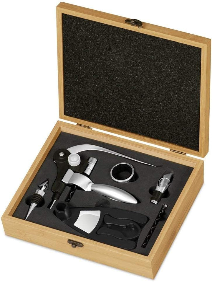 Maverton Weinöffner-Set Weinset Sommelier Set - Geschenkbox Holzbox + 6er Weinzubehörset - aus Bambu