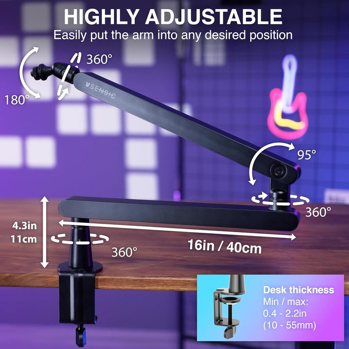SENSIC SA-30 LP Low Profile Mikrofonständer Tisch mit 360° drehbarem Mikrofonarm, für Streaming mit