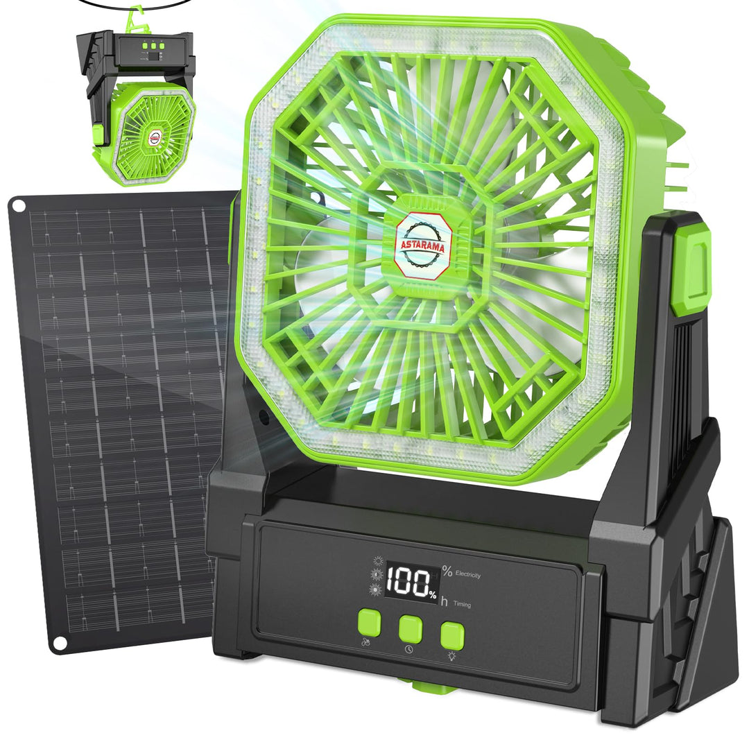Solar Camping Ventilator mit 10W Solarpanel & Licht, Ventilator Akku 10000mAh,4-Gang USB Tischventil