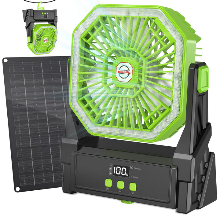 Solar Camping Ventilator mit 10W Solarpanel & Licht, Ventilator Akku 10000mAh,4-Gang USB Tischventil