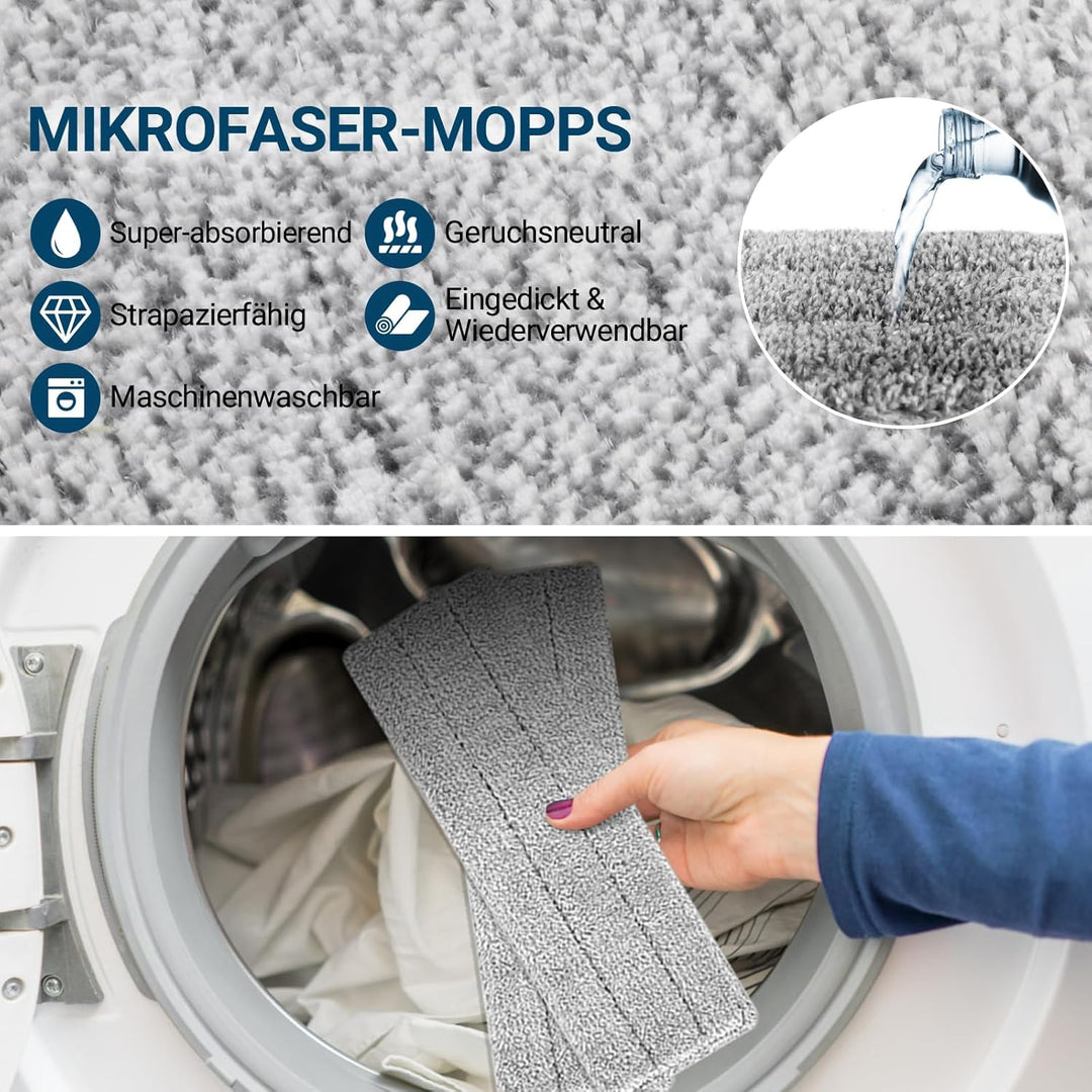 MASTERTOP Wischmopp Set mit Eimer, 2 in 1 Bodenwischer Flachmopp mit Edelstahlgriff und 6 Mikrofaser