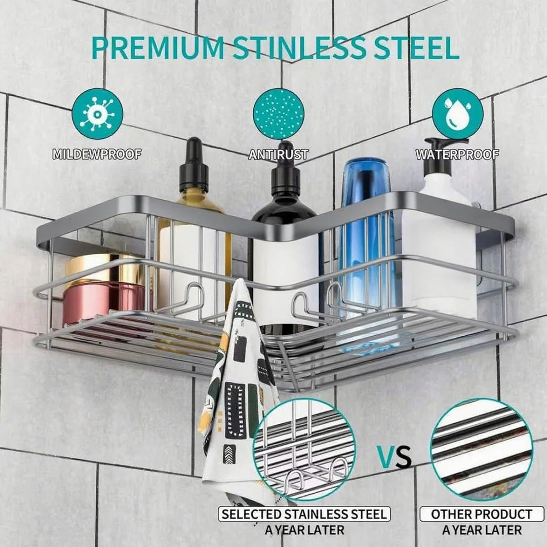 Yazoni Duschablage Ohne Bohren 2 Stück - Duschregal Ecke mit Haken, Duschablage Edelstahl für Badezi