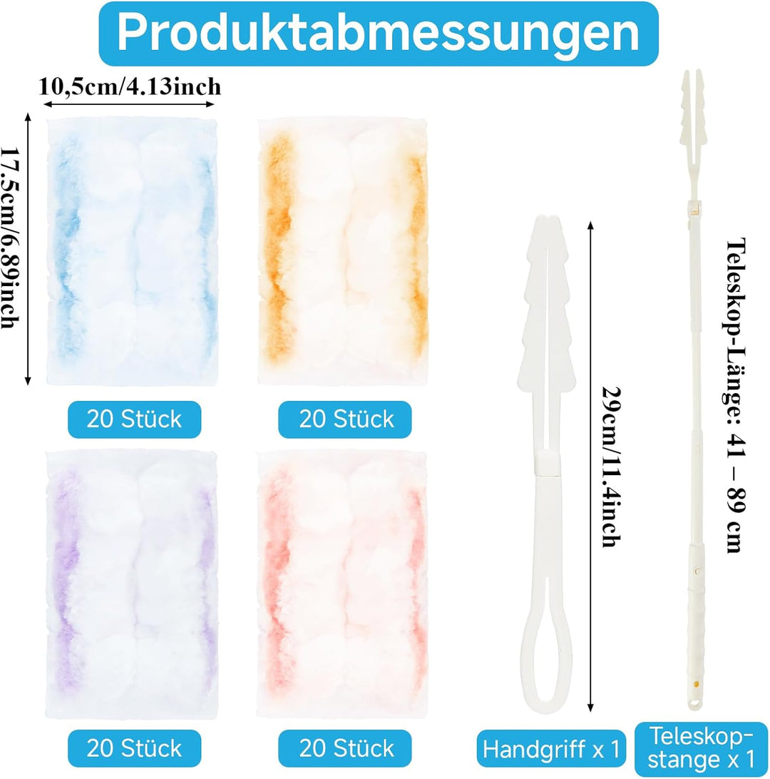 80 Stück für Swiffer Staubmagnet Nachfüllpack, Duster Staubwedel mit 1 Handgriff, 1 Teleskopstange,