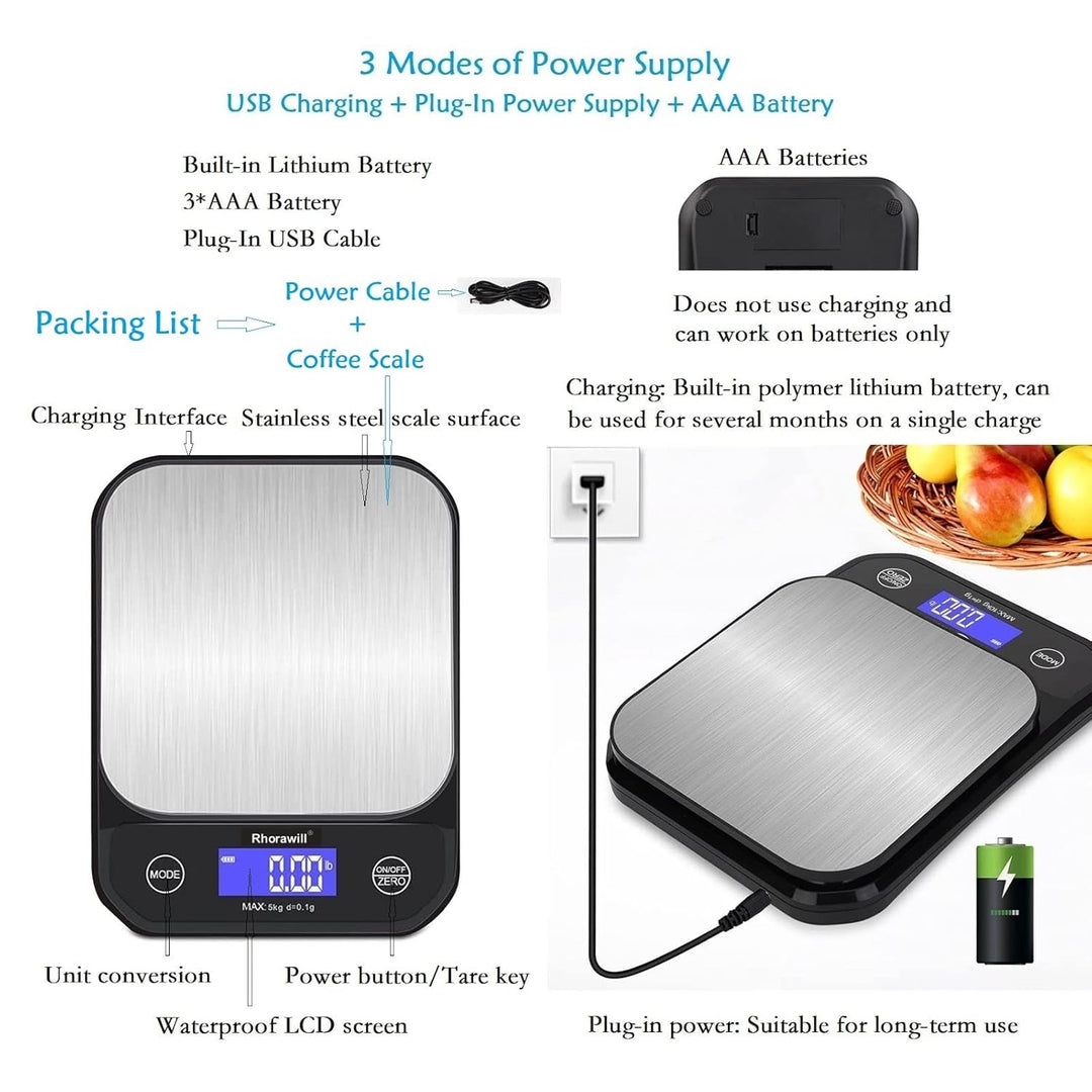 Rhorawill Kaffeewaage, Digitale Küchenwaage USB Aufladen, 5kg/0.1g Hochpräzise Digital Kaffee Skala