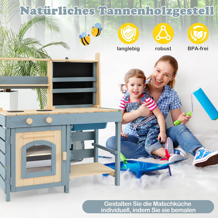 COSTWAY 2 in 1 Kinderküche & Kaufladen, Matschküche Outdoor Kinder, mit Tafel, Metallkörben, Aufbewa