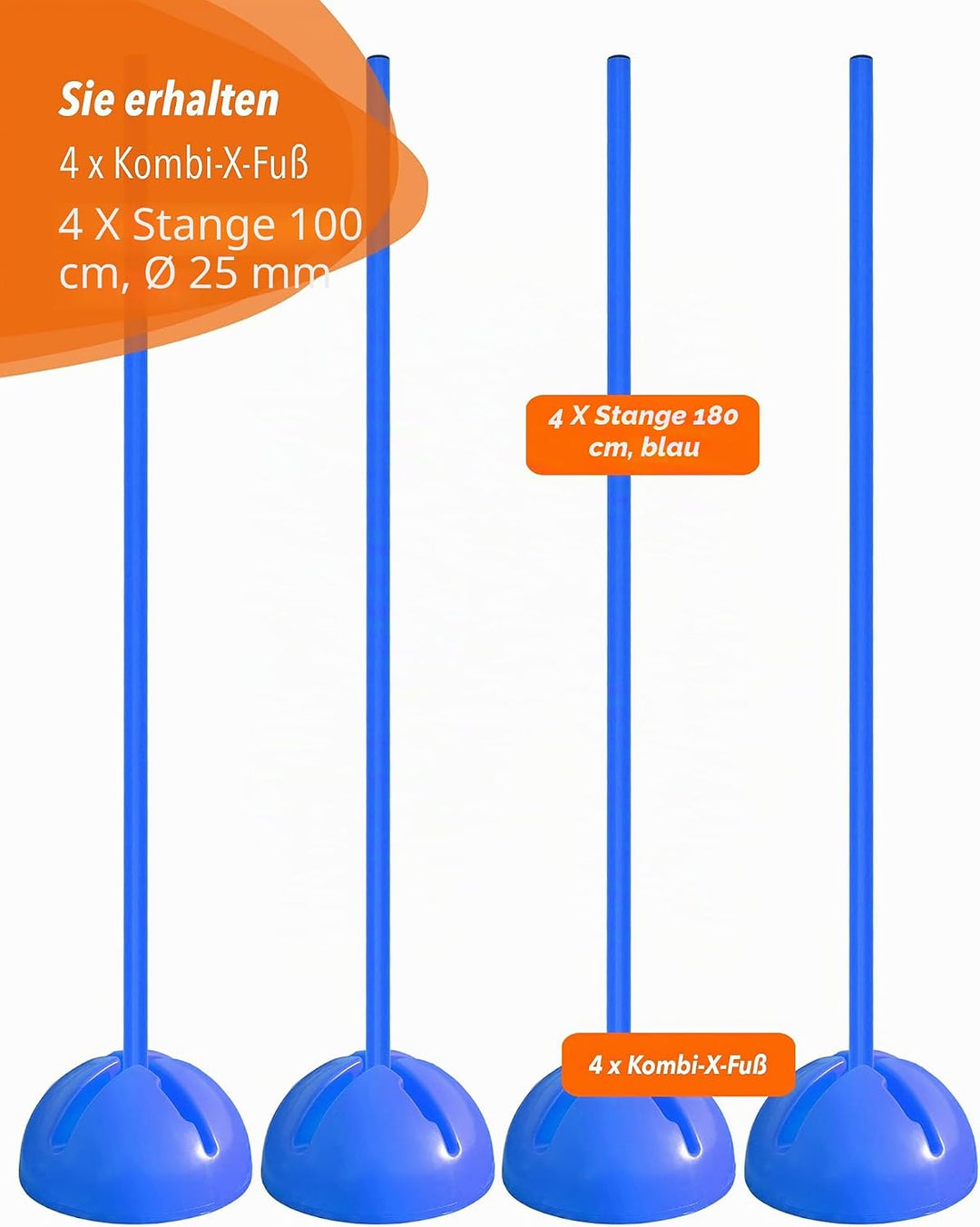 Kombi-X-Standfuss aus Kunststoff & Slalomstange 100 cm – 4er Set – befüllbarer Standfuss – Stange fü