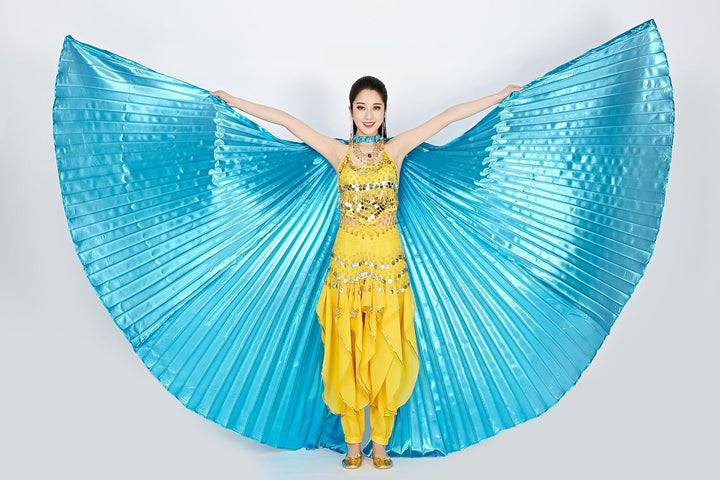 Wuchieal Öffnung Bauchtänzerin Isis Flügel Dancing Requisiten Kostüm mit Stöcke Tasche (Hellblau, On