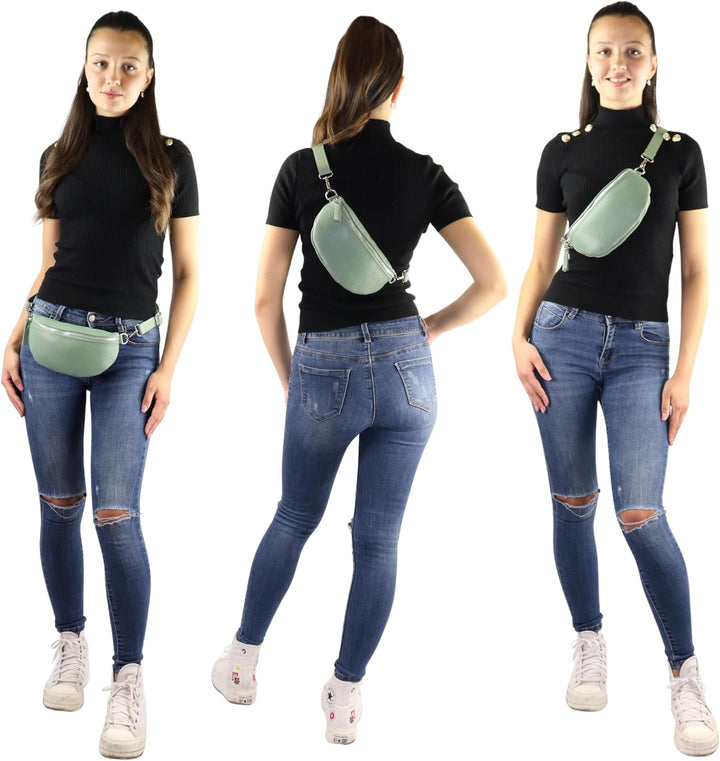 Blade Bauchtasche Damen Echtleder, stylische Gürteltasche Damen mit 2 gemusterten und Leder abnehmba