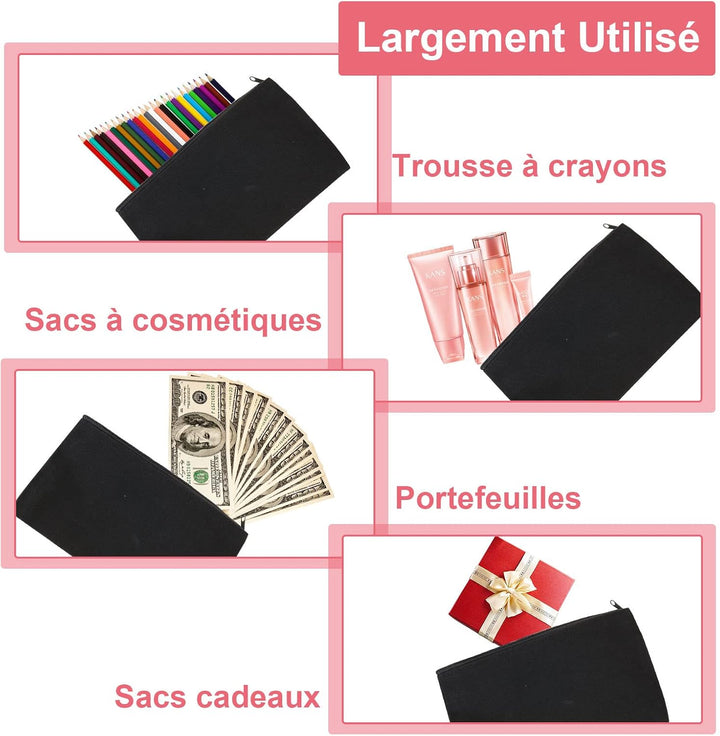 SENENQU 30 Stück DIY Blanko Stoffbeutel Schwarz Mit Reissverschluss, 12 × 21cm Klein Stoffbeutel Zum