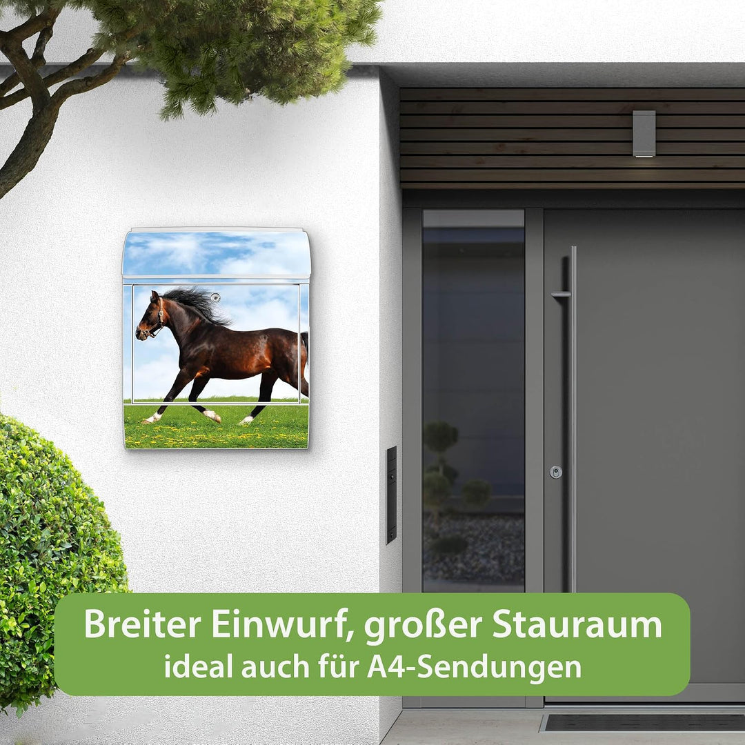 banjado® Design Briefkasten mit Motiv Pferd 39x47x14cm &amp; 2 Schlüssel - Briefkasten Stahl weiss mit Z