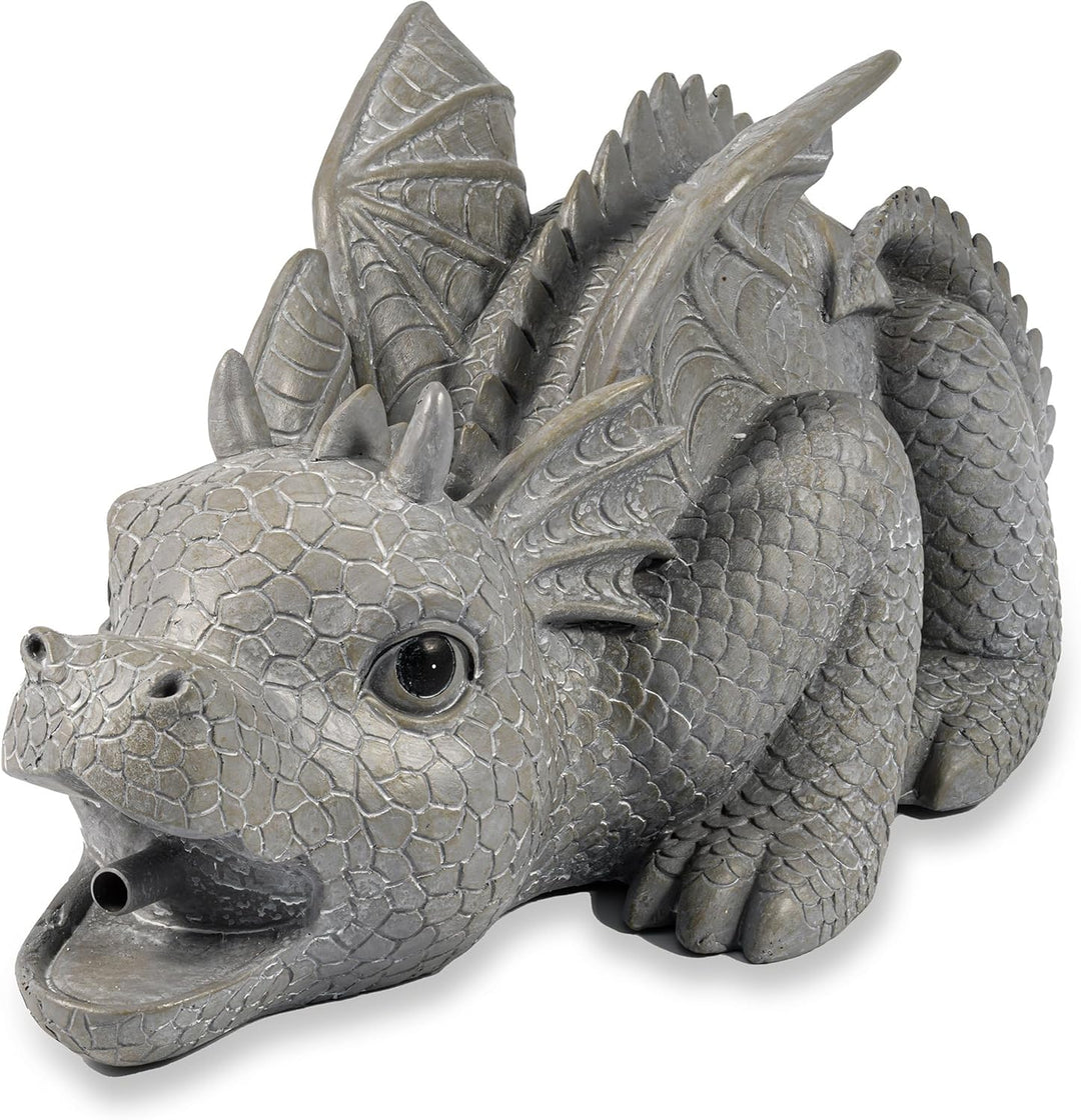 Wasserspeier Figur Drache Grisu aus Kunststein - (L x B x H): ca. 400 x 215 x 200 mm - Schlauchansch