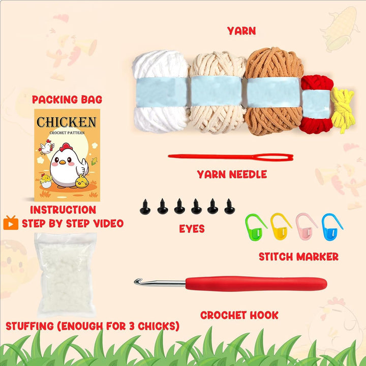 Xanewza Häkelnadel-Set für Anfänger, Starter-Set mit Videokurs, 3 Pcs Huhn Tiere Häkeln Kits mit Anl