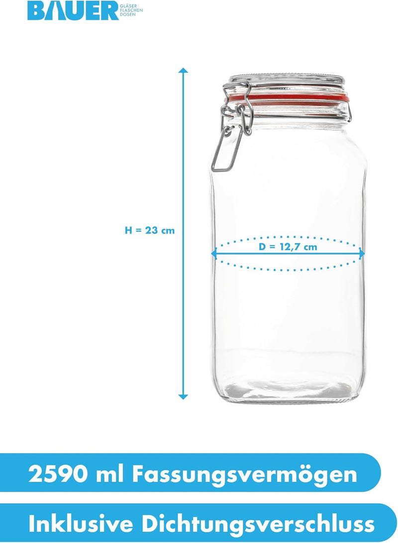 Flaschenbauer- 3 Drahtbügelgläser 2590ml verwendbar als Einmachglas und Fermentierglas, zu Aufbewahr