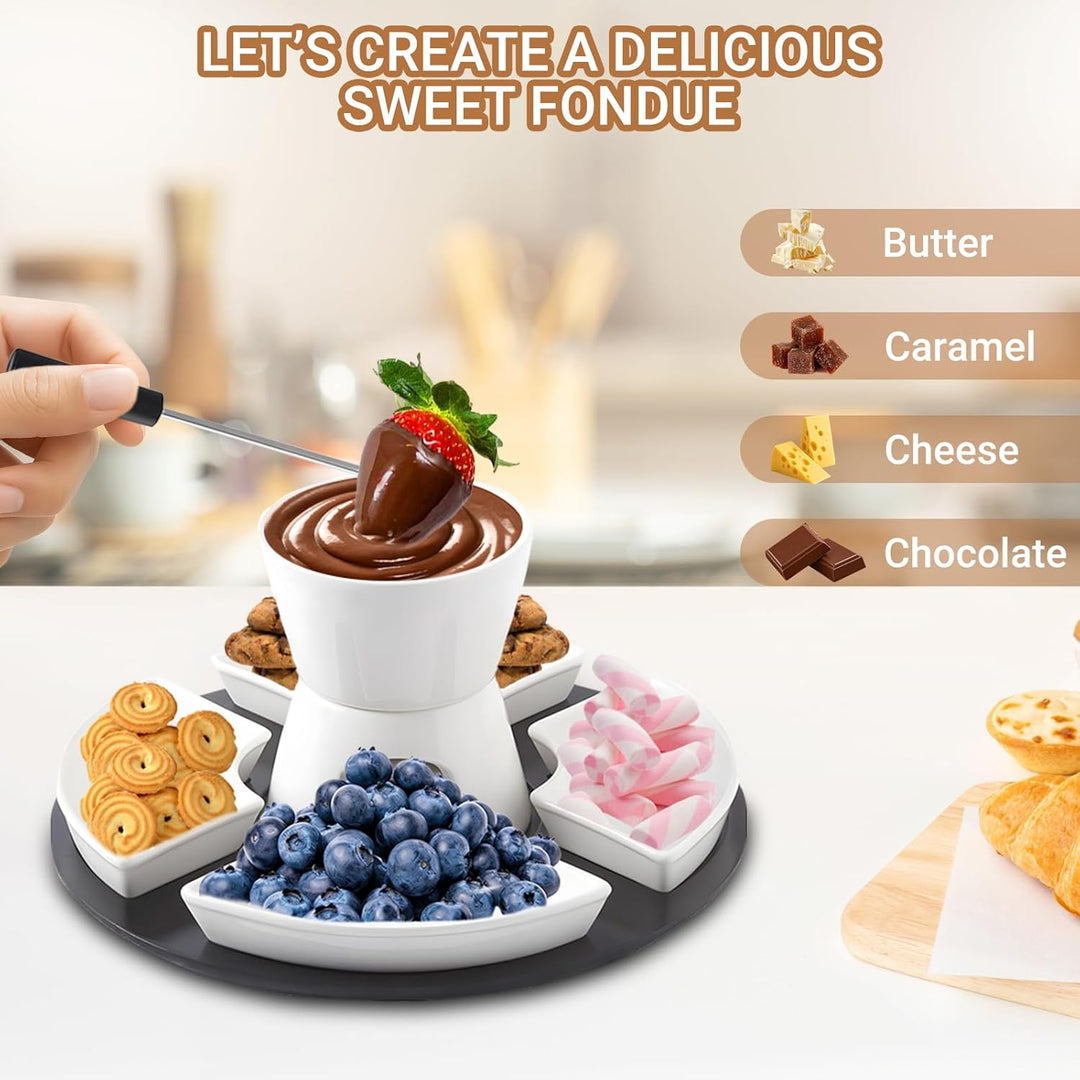 Keramik Schokofondue, Fondueset mit Holzpalette, 4 Gabeln, 4 Snackschalen, Schokobrunnen mit Schmelz