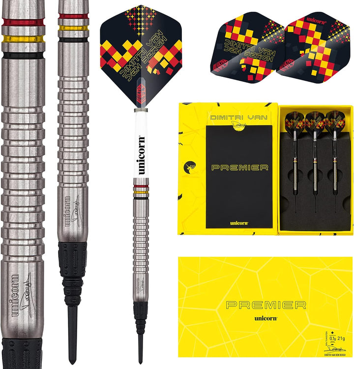 Unicorn Dart Set, Dimitri Van den Bergh, Premier, 90/70% Wolfram, Stahlspitze & Soft Tip, 18g bis 25