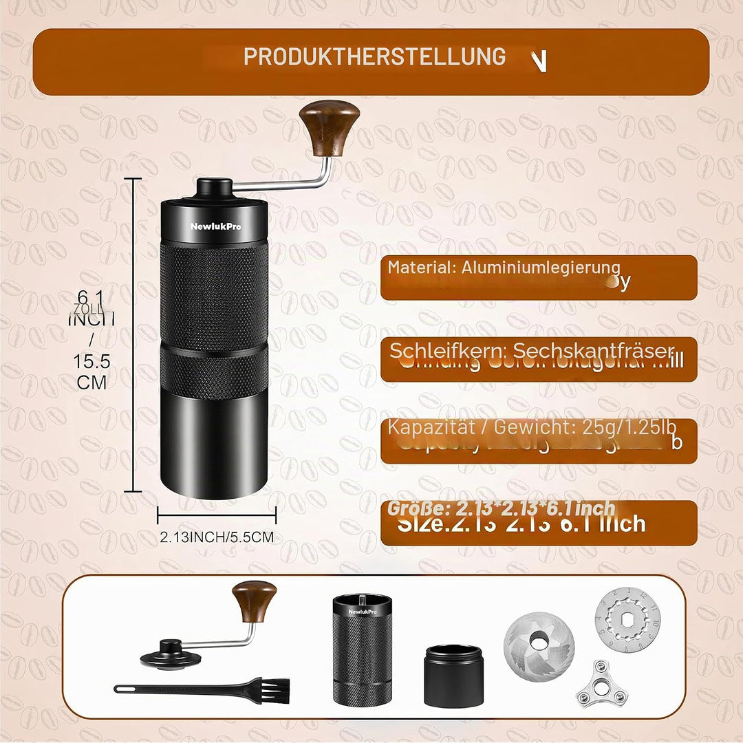 NewlukPro M6 Kaffeemühle Handbuch, Kapazität 25g, Hand Kaffeemühle Sharp Hexagonal Mahlkern, tragbar