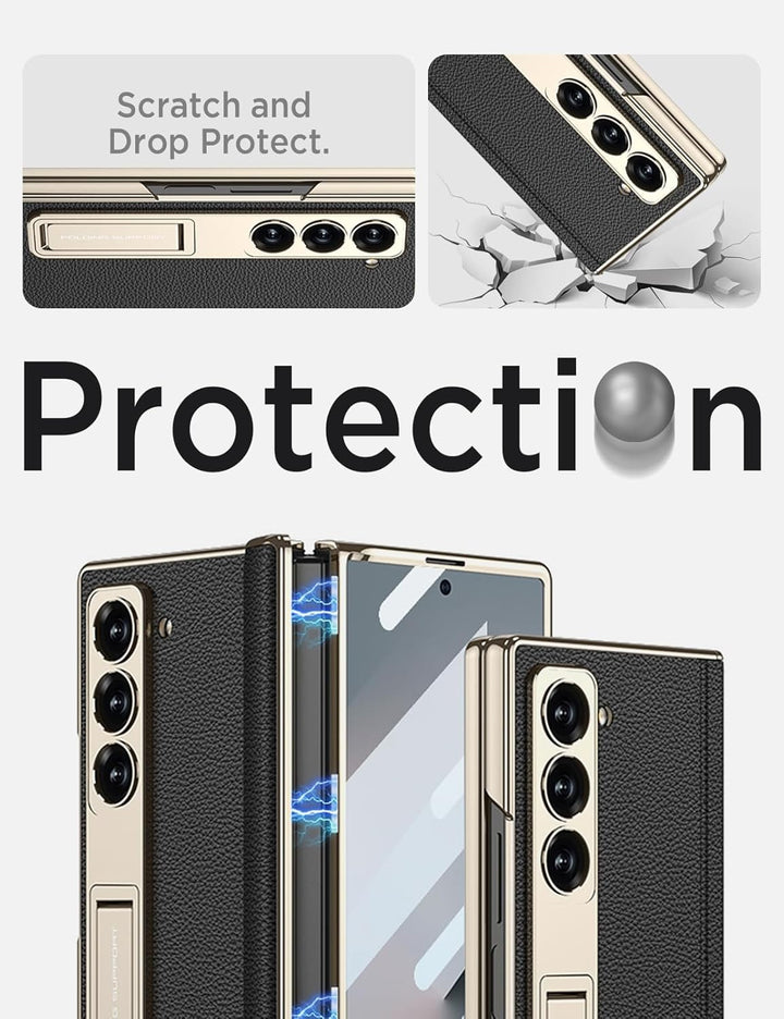 Miimall Lederhülle Kompatibel mit Samsung Galaxy Z Fold 6 Hülle mit Displayschutz+Scharnierschutz, S